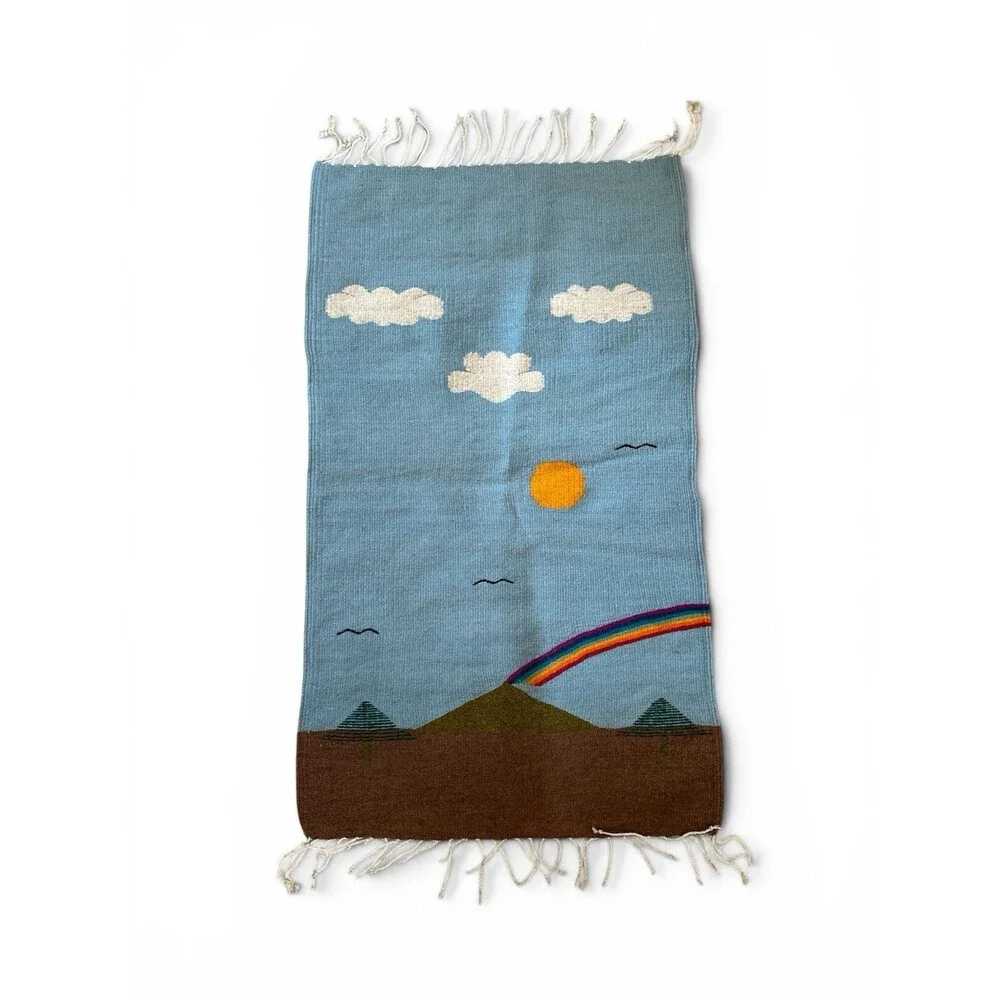 Vintage Oaxaca Mexico Hand Woven Tapestry Textile Rug Blanket Zapotec 23”x40”
